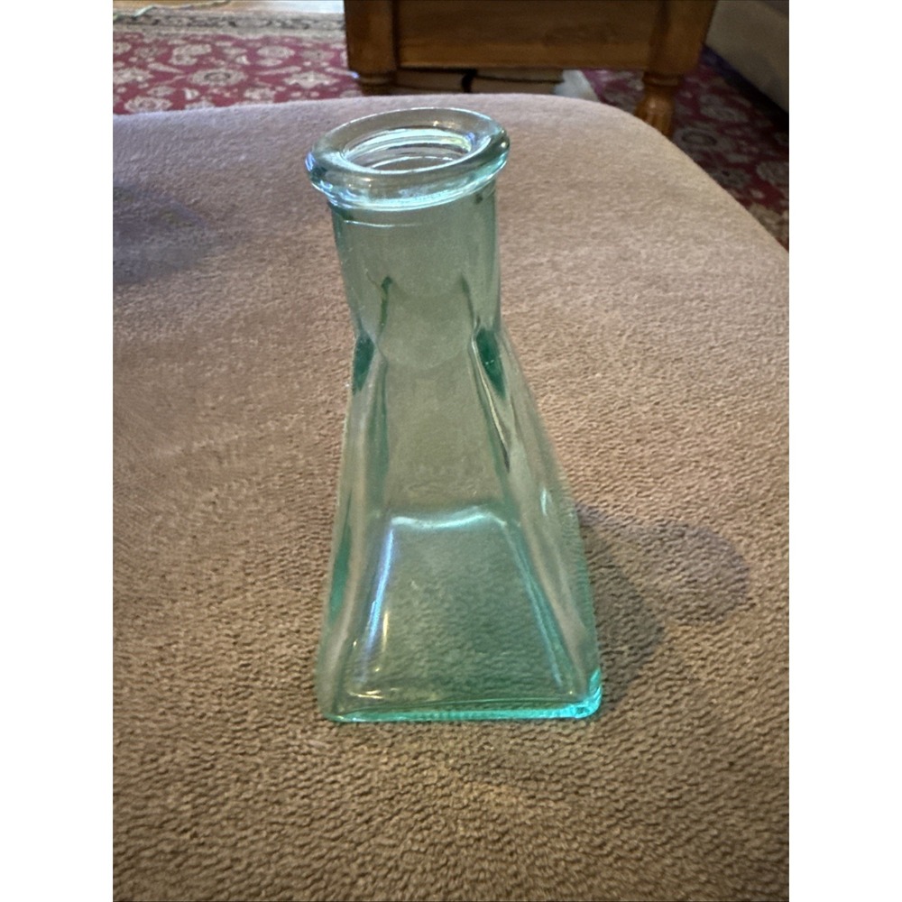 Vintage Green Triangle Glass Bottle Handblown 5" Tall (TD)